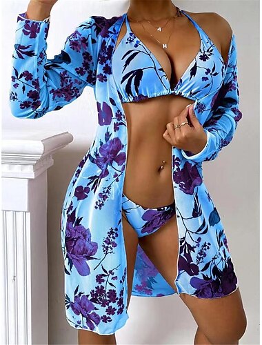  Damen Badeanzug Bikinis Drei Stück Anti UV Shirt Cheeky-Bikinihose Bademode Rückenfrei Schlank Urlaub Strandbekleidung Blumen Halfterhals Langarm Badeanzüge