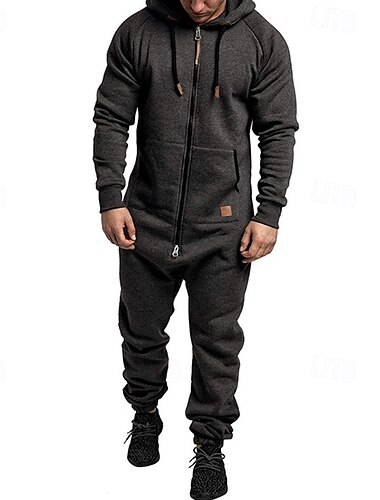  Herren Trainingsanzug Overall Full Zip Einteilig Casual Herbst Langarm warm Weich Fitness Fitnesstraining Laufen Sportbekleidung Sportkleidung Einfarbig Dunkelgrau Cachi scuro Schwarz