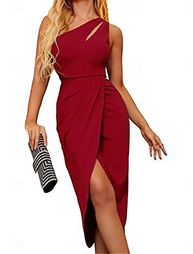  Damen Midikleid Abschlusskleid Freizeitkleid Bodycon Wickelkleid Lässig Party Straße Normale Passform Einfach Ärmellos Ein-Schulter Schwarz Wein Grün Sommer Herbst
