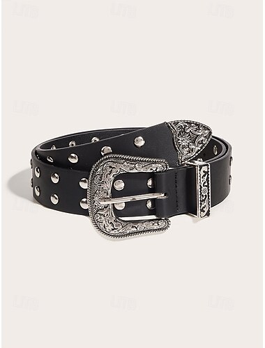  Cinturón de estilo occidental para mujer con hebilla en relieve y detalles tachonados, cinturón ajustable de piel sintética para atuendos casuales y vintage
