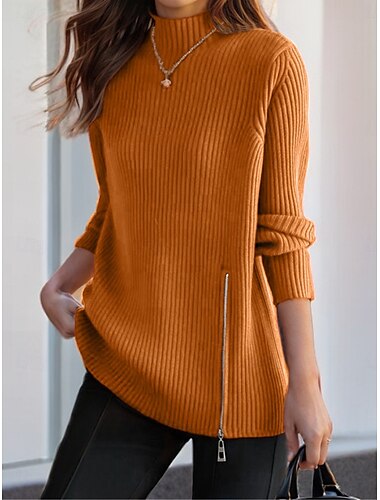  Damen Pullover Brautkleider schlicht Weich Einfarbig Rollkragen Gespleisst Strick Langarm Lange Oberteile Stricken Outdoor Täglich Wochenende Rote Marineblau Herbst Winter