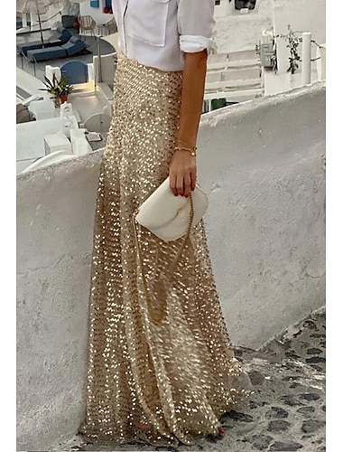  jupe femme jupes maxi paillettes couleur unie rue quotidien hiver mode décontracté champagne