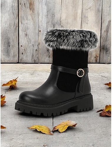  Damen-Winterstiefel mit Kunstfellbesatz – stylische und warme Stiefeletten mit Schnallendetail und robuster Sohle, perfekt für Outdoor-Abenteuer bei kaltem Wetter