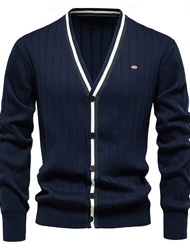  Herren Strickjacke Stricken Knopf hoch mit weißem Rand Gestreift Tiefer V-Ausschnitt Strickware Elegant Schule Training Bekleidung Bischofsärmel Herbst Winter Schwarz Marineblau S M L