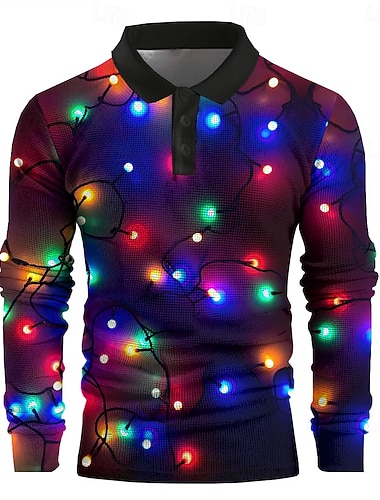  polo de Noël pour homme, lanternes 3D, drôle, gaufré, manches longues, soirée, réveillon du Nouvel An, printemps, automne, hiver, bouton, imprimé 3D, col, multicolore, polyester micro-élastique