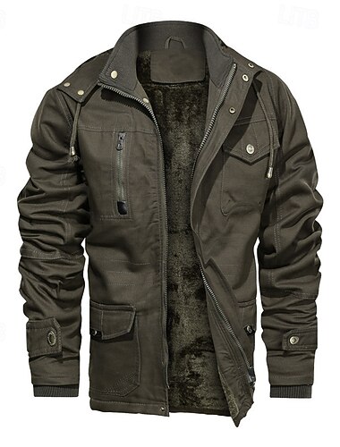  Hombre Chaqueta de lana Chaqueta tipo cargo Diario Vacaciones Mantiene abrigado Bolsillo Vellón Otoño invierno Plano Moda Ropa de calle Escote Chino Regular Negro Caqui Verde Ejército Chaquetas