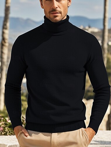  Hombre Suéter de punto Estriado Tejer Regular De Punto Plano Cuello Alto Moda Casual Ropa Cotidiana Cita Ropa Otoño invierno Color Camello Vino S M L