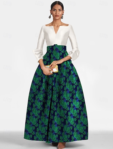  Robe de Soirée A-Line Verte Brocart Floral Élégante Robe Formelle Longueur Du Sol Manches 3/4 Col V Poche Satin avec Imprimé Robe Invité de Mariage 2025