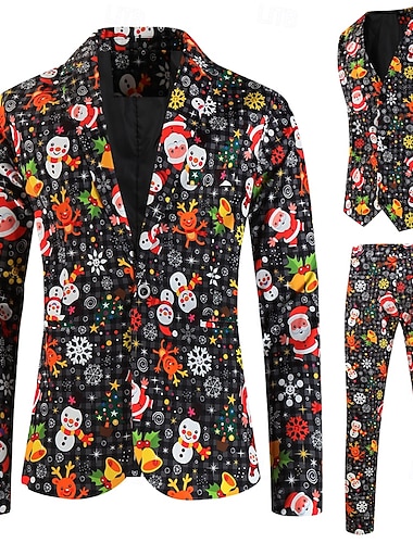  fekete férfi karácsonyi mikulás öltöny nyomtatott 3 részes karácsonyi szabású, egymellű egygombos 2024