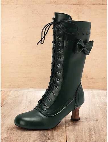  braune kniehohe Vintage-Schnürstiefel für Damen mit Schleifendetail – viktorianische Stiefel aus Kunstleder mit Retro-Absatz für Cosplay und den Alltag