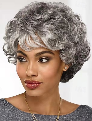  Parrucche sintetiche Riccio Taglio asimmetrico Parrucca Corto Nero Grigio Capelli sintetici Per donna Disegni alla moda Soffice Naturale Nero Grigio