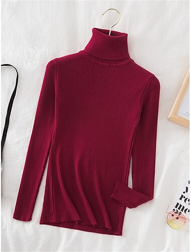 Damskie Sweter Sweter sweter Codzienny Miękkie Czyste kolory Prążkowany Golf Dzianiny Długi rękaw Zwykłe topy Robić na drutach Na zewnątrz Codzienny Weekend Biały Wino Jesień Zima