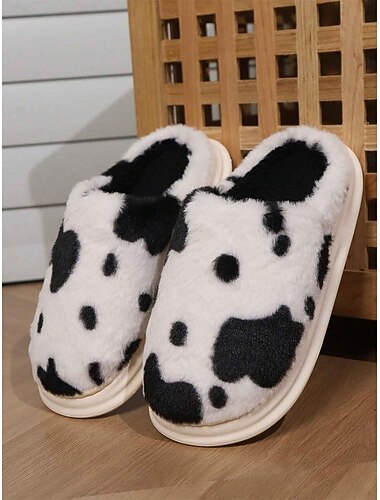  chinelos de pelúcia com estampa de vaca para mulheres - sapatos de casa internos de pele sintética felpuda com espuma de memória macia para conforto aconchegante