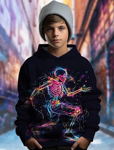  Jungen 3D Graphic Totenkopf Motiv Kapuzenshirt Langarm Frühling Herbst Modisch Strassenmode kinderkleidung 4-12 Jahre Mit Kapuze Outdoor Casual Täglich Regular Fit