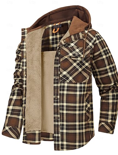  Herren Hemdjacke Fleecejacke Shacket Formal Heim warm halten Mit Kapuze Winter Frühling & Herbst Gitter / Plaid Vintage westlicher Stil Hemdkragen Standard Rote Marineblau Grün Khaki Hell Gray Jacken