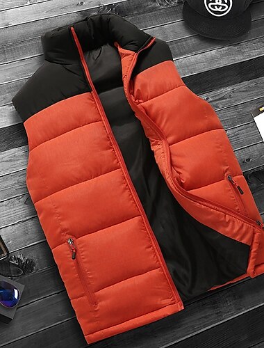  Voor heren Puffervest Vest Gewatteerd vest Dagelijks Afspraakje Vakantie Modieus Casual Herfst winter Zak met rits Polyester Houd Warm Comfortabel Kleurenblok Rits Opstaand Normale pasvorm Oranje