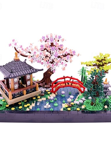  マイクロビルディングブロックセット 中国の禅ガーデン建築と桜の盆栽の木 大人のための組み立ておもちゃ 日本の桜の家モデル クリエイティブなミニブロック 子供へのギフト 142280 個