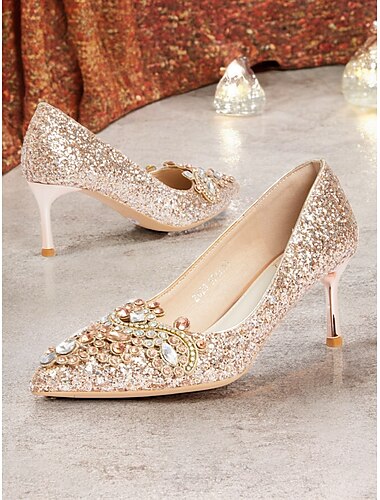  Zapatos de tacón de aguja con purpurina dorada para mujer con pedrería adornada: elegantes zapatos para bodas y fiestas de noche