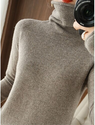  Dame Bluse Pullover trøje Afslappet Blødt Ren farve Rillet Rullekrave Strikket Langærmet Almindelige toppe Strikke udendørs Daglig Weekend Lyserød Kamel Efterår Vinter