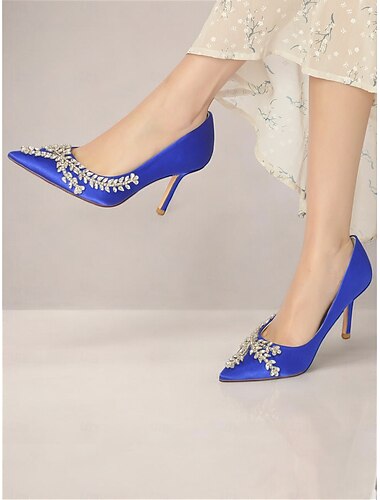  Tacones de aguja de satén adornados con diamantes de imitación para mujer: elegantes zapatos de punta puntiaguda para fiestas de noche y eventos formales