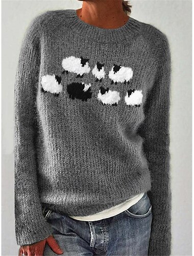  Damen Pullover Brautkleider schlicht Weich Tier Gerippt Rundhalsausschnitt Strick Langarm Normale Oberteile Stricken Outdoor Täglich Wochenende Grün Dunkelgray Herbst Winter