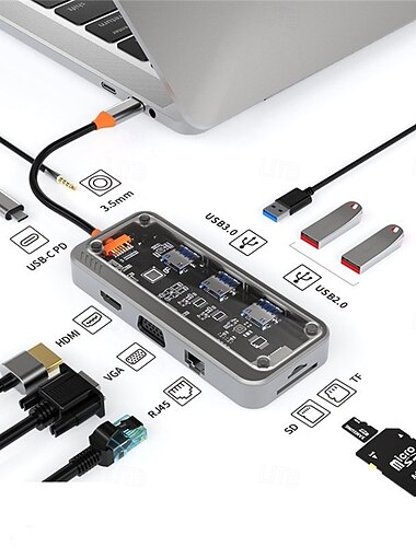  8/10 i 1 usb c hubb 4k30hz dockningsstation typ c till hdmi-kompatibel rj45 ethernet pd100w för pc