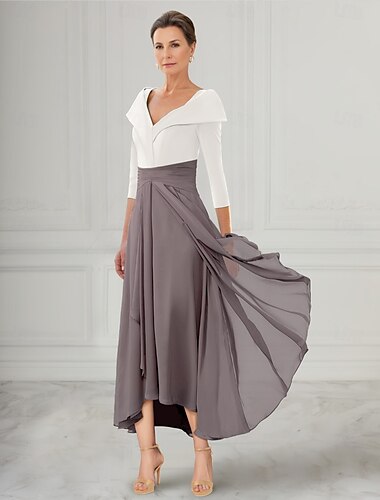  A-Line Mor til Bruden Kjole Tuxedo Kjole Elegant V Utskjæring Asymmetrisk Ankellengde Chiffon 3/4 Lengde Ermer Med Plisseringer