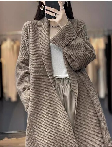  Damen Strickjacke Täglich Feste Farbe Öffnung vorne Strick Langarm Lange Oberteile Stricken Arbeit Kamel Dunkelgray Herbst Winter
