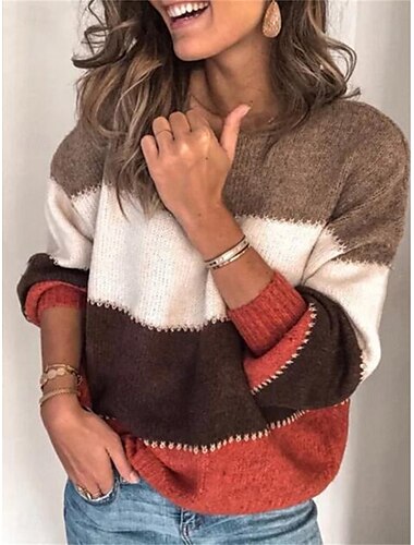  Mujer Pulóveres Casual Suave A Rayas Estriado Cuello Barco Retazos De Punto Manga Larga Tops regulares Tejer Exterior Diario Fin de semana Azul Piscina Morado Otoño Invierno