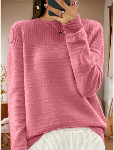  Women's Sweater Pullover Sweater Jumper Crew Neck Knit Knitted Spring Fall Home Daily Holiday Daily Soft Long Sleeve Pure Color Pink Red