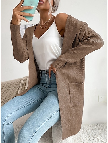  Mulheres Suéter Carregam Casual Macia Cor imaculada Estriado Com Capuz Bolsos Tricotado Manga Longa Tops regulares Tricotar Ao ar livre Diário Final de semana Verde Cáqui Outono Inverno