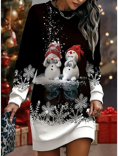  Vestido Maxi de Mujer Vestido Sudadera Vestido Casual Vestido Petite Vestido Shift Vestido Elegante Estiloso Vacaciones Fiesta Ajuste Regular Papá Noel Manga Larga Cuello Redondo Negro y Blanco Negro