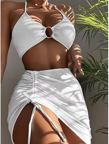  Per donna Costumi da bagno Bikini Tre pezzi Slip brasiliano Costume da bagno Schiena scoperta Taglia piccola Festività Abbigliamento mare Tinta unica Halter Neck Senza maniche Costumi da bagno