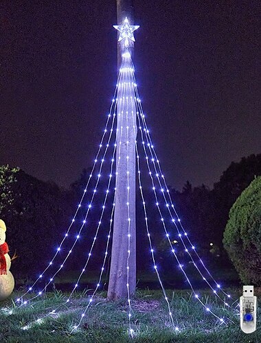  2 m lange Lichterkette mit 200 LEDs für den Weihnachtsbaum mit Pentagramm-Licht an der Oberseite, Stromversorgung über eine USB-Fernbedienung zur Steuerung der Innen- und Außendekoration