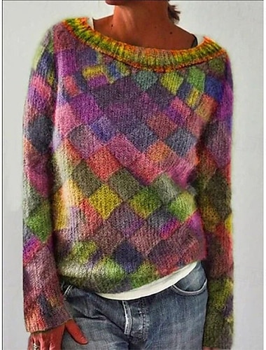  Mujer Pulóveres Moda Ropa de calle Casual Geométrico Cuello Barco De Punto Manga Larga Tops regulares Tejer Exterior Rojo Morado Otoño Invierno