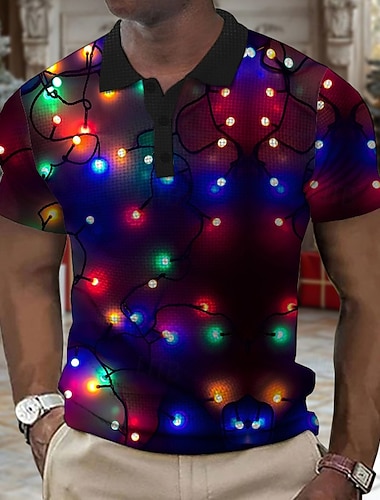  Weihnachten Herren Weihnachtslicht 3D Polo Laternen Casual Waffel Kurzarm Party Abend Alltagskleidung Urlaub Frühling Herbst Winter Knopf 3D Druck Kragen schwarz mikroelastisches Polyester