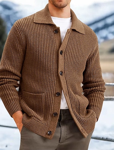  Herren Strickjacke Strickpullover Gerippt Stricken Standard Knopf hoch Seitentaschen Feste Farbe Kragen Modisch Klassisch Freizeitskleidung Verabredung Bekleidung Frühling Herbst Winter Schwarz Braun