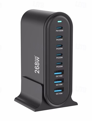  268 W USB-Ladegerät mit mehreren Anschlüssen, USB-C-Schnellladegerät, 8-Port-Ladestation, Hub, schnelles kompaktes Gan-Ladegerät, Netzteil