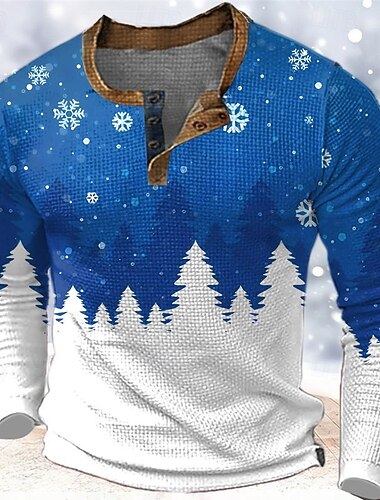  jul menns julescene henley t-skjorte grafisk tre snøfnugg motedesigner tilfeldig 3d-trykk henley vaffel sport utendørs ferie festival blå rød &amp; hvit lilla langermet henley skjorte