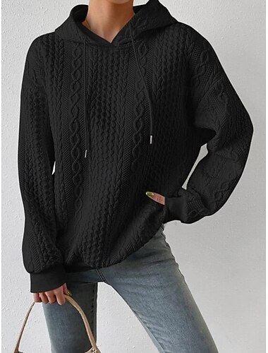  Dame Genser Pullover genser Fritid Myk Ren farge Riflet Med hette Strikket Langermet Vanlige topper Strikke utendørs Daglig Helg Svart Hvit Høst Vinter