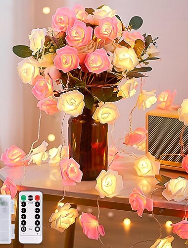  3m 20LED Pink White Flower Lights with Remote Flower String Lights Battery Operated 8 Modes Rose Lights for Valentine's Day Wedding Party Room Decor Bedroom Decor Fireplace Decorations