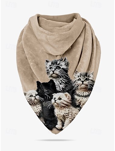  Beigefarbener Damenschal im Vintage-Stil mit schwarzem Katzendruck – kuscheliges und einzigartiges Accessoire für Katzenliebhaber, perfekt für Herbst- und Winteroutfits