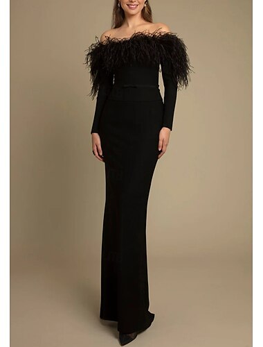  Abendkleid im Meerjungfrau-Stil mit schwarzer Krawatte und Federn, elegantes Kleid, formelles, bodenlanges, langärmeliges, schulterfreies Stretch-Crêpe-Maskenballkleid 2025