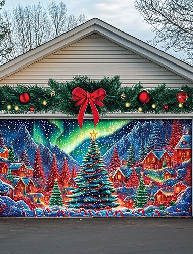  decorazioni natalizie per porte, copertura per porta da garage esterna, striscione con albero di Natale, fattoria, grande sfondo natalizio per le vacanze, decorazioni da parete per porte da garage