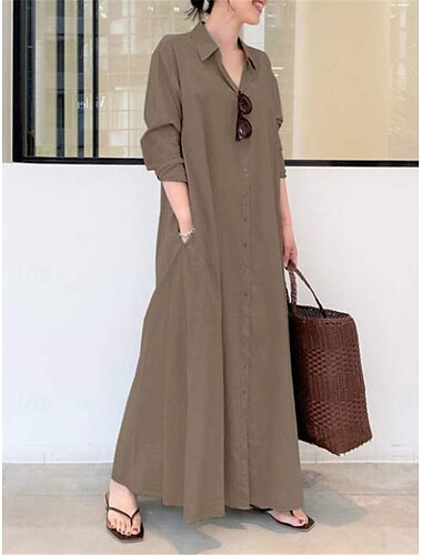  Damen blusenkleid Maxidress Taste Tasche Brautkleider schlicht Hemdkragen Langarm Schwarz Grün Kaffee Farbe