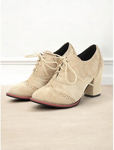  Zapatos oxford con cordones de ante sintético para mujer y tacones de bloque: zapatos brogue de estilo vintage para uso informal y de oficina