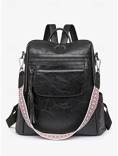  Damen-Rucksack aus Vintage-Kunstleder mit Quaste und verstellbarem geometrischem Riemen – lässige Reisetasche mit mehreren Taschen
