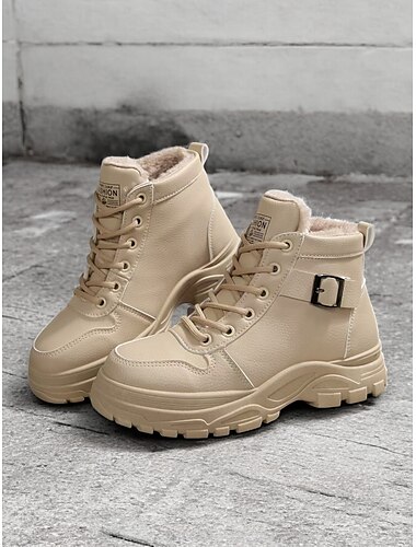  Botines de mujer beige con cordones y forro de felpa cálido: calzado de invierno para exteriores con suela resistente y detalle de hebilla