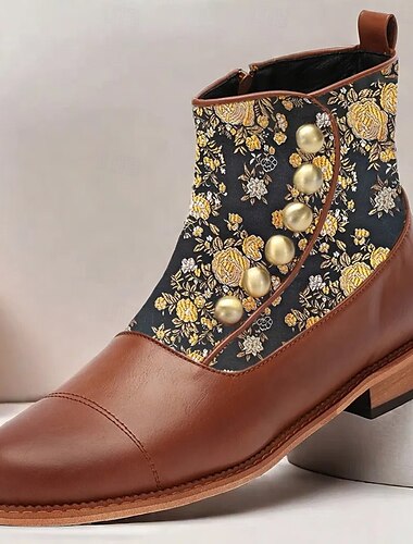  Botines victorianos de piel sintética para hombre con tejido jacquard floral y botones dorados: botas de vestir de inspiración vintage