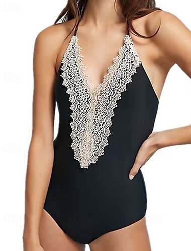  Damen Badeanzug Ein Stück Monokini Bademode Spitze Rückenfrei Patchwork Bauchkontrolle Hohe Taillenlinie Urlaub Strandbekleidung Feste Farbe Streifen V Ausschnitt Ärmellos Badeanzüge